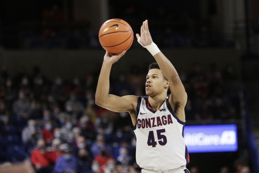 Gonzaga guard Rasir Bolton shoots during the second half of an NCAA college basketball game against Pacific, Thursday, Feb. 10, 2022, in Spokane, Wash.