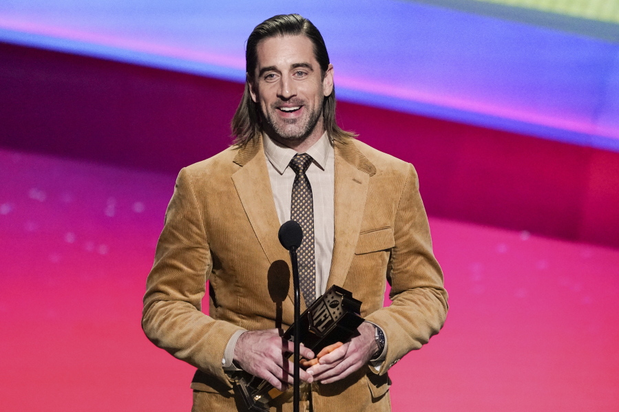 Aaron Rodgers of the Green Bay Packers receives the AP Most Valuable Player of the Year Award at the NFL Honors show Thursday, Feb. 10, 2022, in Inglewood, Calif. (AP Photo/Mark J.