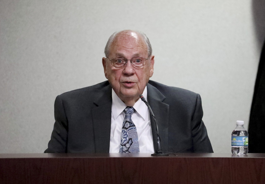 Former Tampa police captain Curtis Reeves gives testimony while being questioned by defense attorney Richard Escobar during his second-degree murder trial on Thursday, Feb 24, 2022, at the Robert D. Sumner Judicial Center in Dade City, Fla. Reeves is accused of shooting and killing Chad Oulson at a Wesley Chapel movie theater in January 2014. (Douglas R.