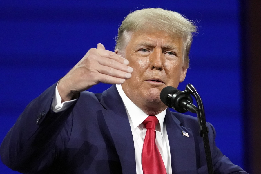 FILE - Former president Donald Trump speaks at the Conservative Political Action Conference (CPAC) Sunday, Feb. 28, 2021, in Orlando, Fla.  Trump's messaging app challenging Twitter launched Monday, Feb.
