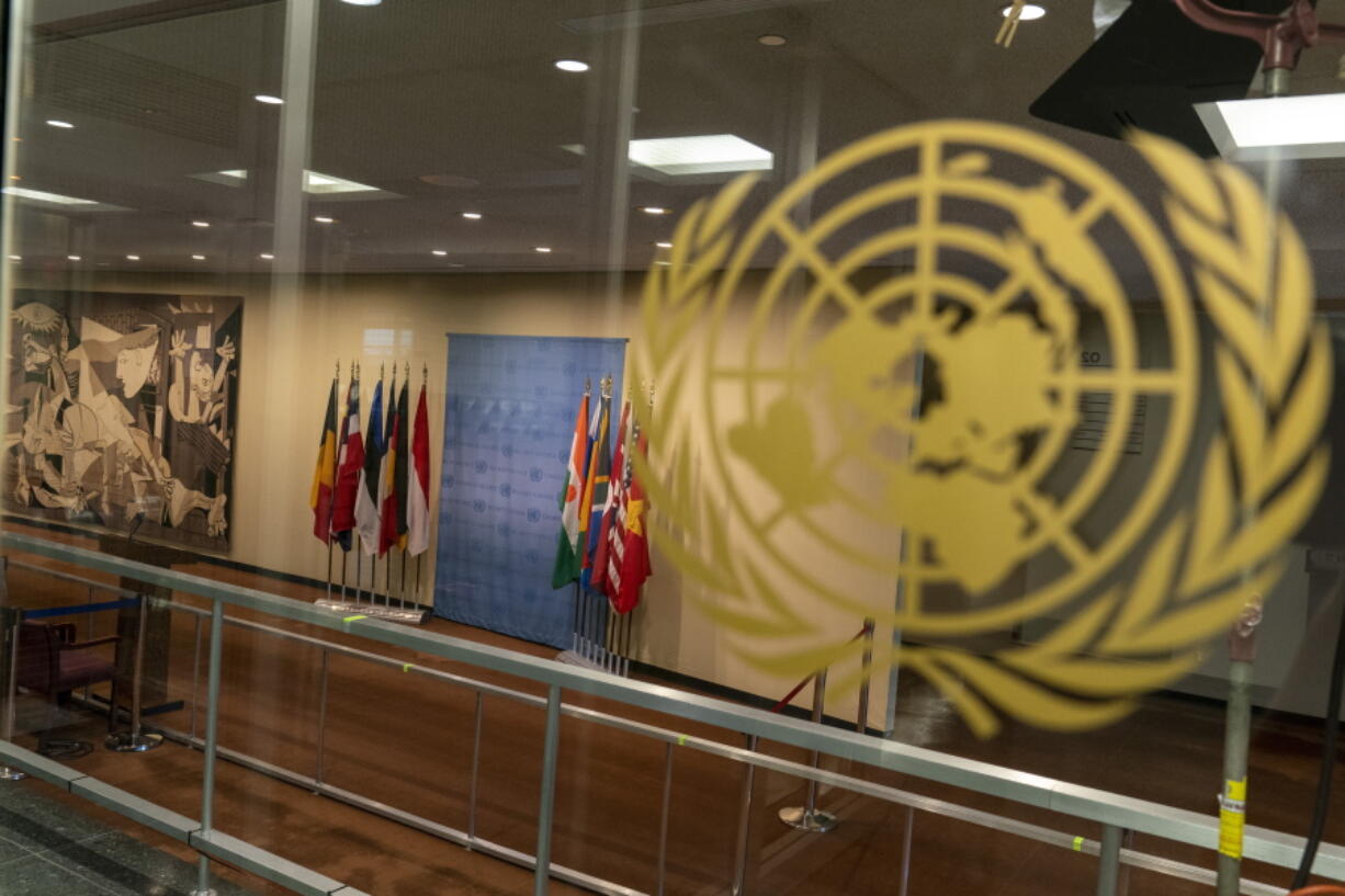 The Security Council stakeout area is closed off to members of the media during the 75th session of the United Nations General Assembly on Sept. 23, 2020, at U.N. headquarters. The United States and its allies clashed with Russia and China in the U.N. Security Council on Monday, Feb. 8, 2022 over the usefulness and impact of U.N. sanctions, which are currently imposed on countries from North Korea to Yemen and Congo as well the al-Qaida and Islamic State extremist groups and their affiliates and supporters.