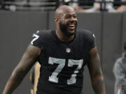 Las Vegas Raiders defensive tackle Quinton Jefferson (77) during the first half of an NFL football game against the Denver Broncos, Sunday, Dec. 26, 2021, in Las Vegas.