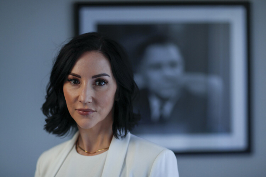 Lindsay Dougherty on Sunday became the first woman to lead Teamsters Hollywood Local 399, a powerful and mixed union of entertainment industry workers from truckers to location managers based in Los Angeles. She stands in her office in front of a photo of legendary Teamsters president Jimmy Hoffa on March 7, 2022.