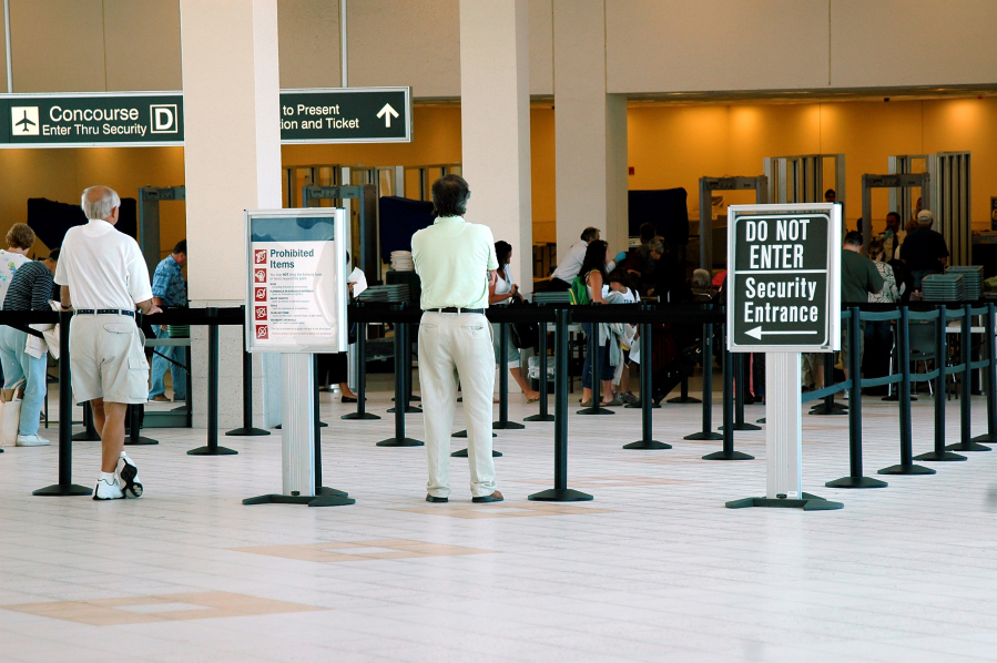 An airport security area entrance. The U.S. Transportation Security Administration has installed a new state-of-the-art CT scanner at the main checkpoint at Pittsburgh International Airport that gives officers three-dimensional views of the contents in carry-ons.