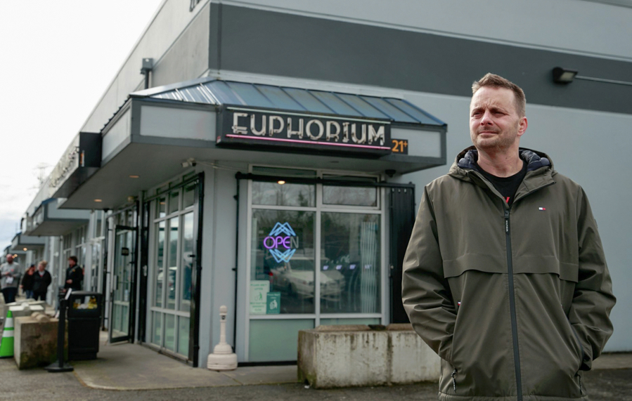 Ryan Evans, director of operations, outside of Euphorium cannabis store in Covington, Washington, Friday, March 18, 2022.