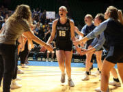 Western Washington's Brooke Walling (15) is introduced prior to the NCAA Division II women?s championship game Friday, March 25, 2022, at Birmingham, Ala.