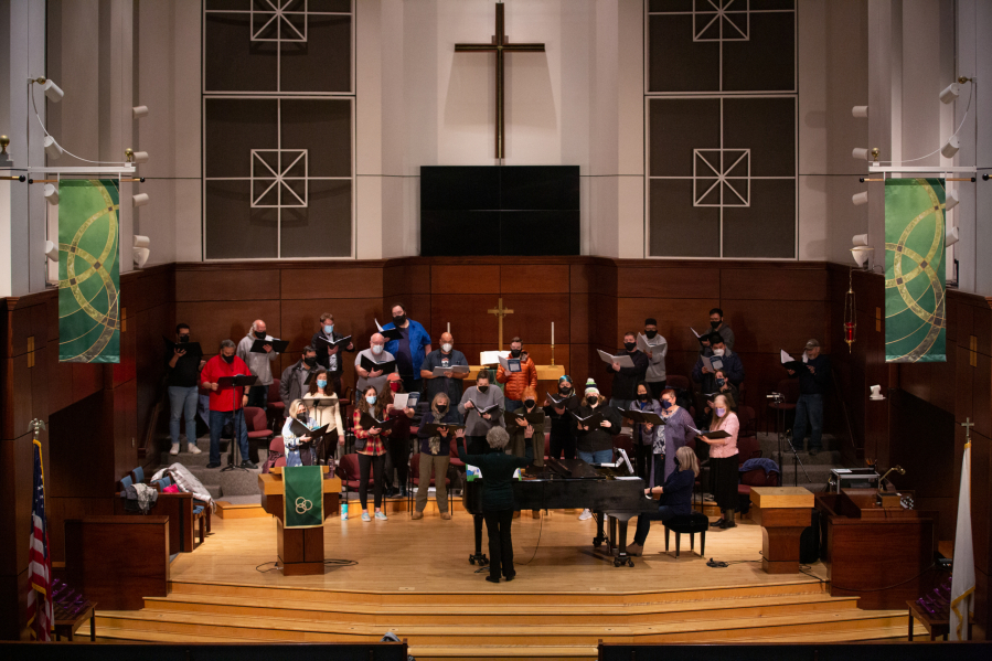 The Reprise Choir rehearses at First United Methodist Church in Vancouver for its return to live performance.