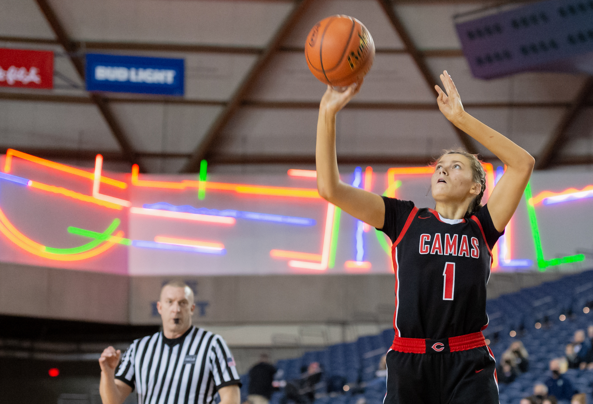 Camas' Reagan Jamison shoots a 3-pointer in the 4A State Girls Basketball tournament on Wednesday, March 2, 2022, at the Tacoma Dome.