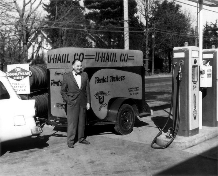 Leonard Samuel Shoen (1916-1999) and his first wife, Anna Carty Shoen (1922-1957), designed and built the first U-Haul trailers in Ridgefield on the Carty family ranch. This 1955 photo shows Sam beside one of U-Haul's trailers. The couple's $5,000 gamble turned into an empire worth billions of dollars that's among the most recognizable brands in the nation.