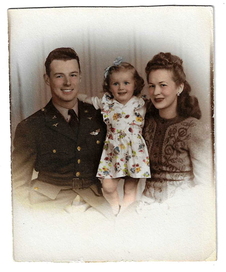 U.S. Army Air Forces 2nd Lt. Eugene P. Shauvin, his daughter Linda Chauvin and wife, Phyllis, pose for a photo. Chauvin was 3 years old when her father left home to serve in World War II as a pilot in Operation Market Garden, where he died in an attack.