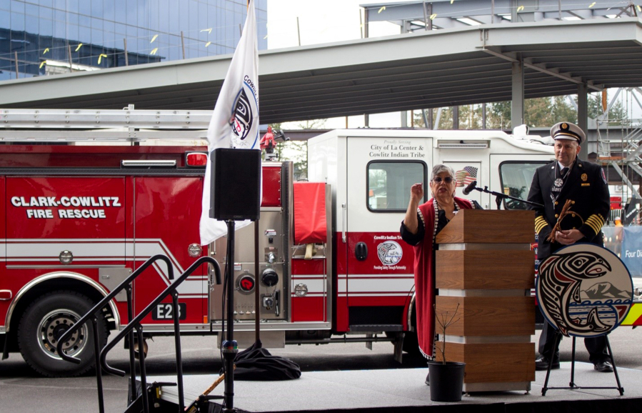 Cowlitz Indian Tribe General Council Vice Chair Patty Kinswa-Gaiser and Clark-Cowlitz Fire Rescue Fire Chief John Nohr speak at the ceremony on Friday at ilani.