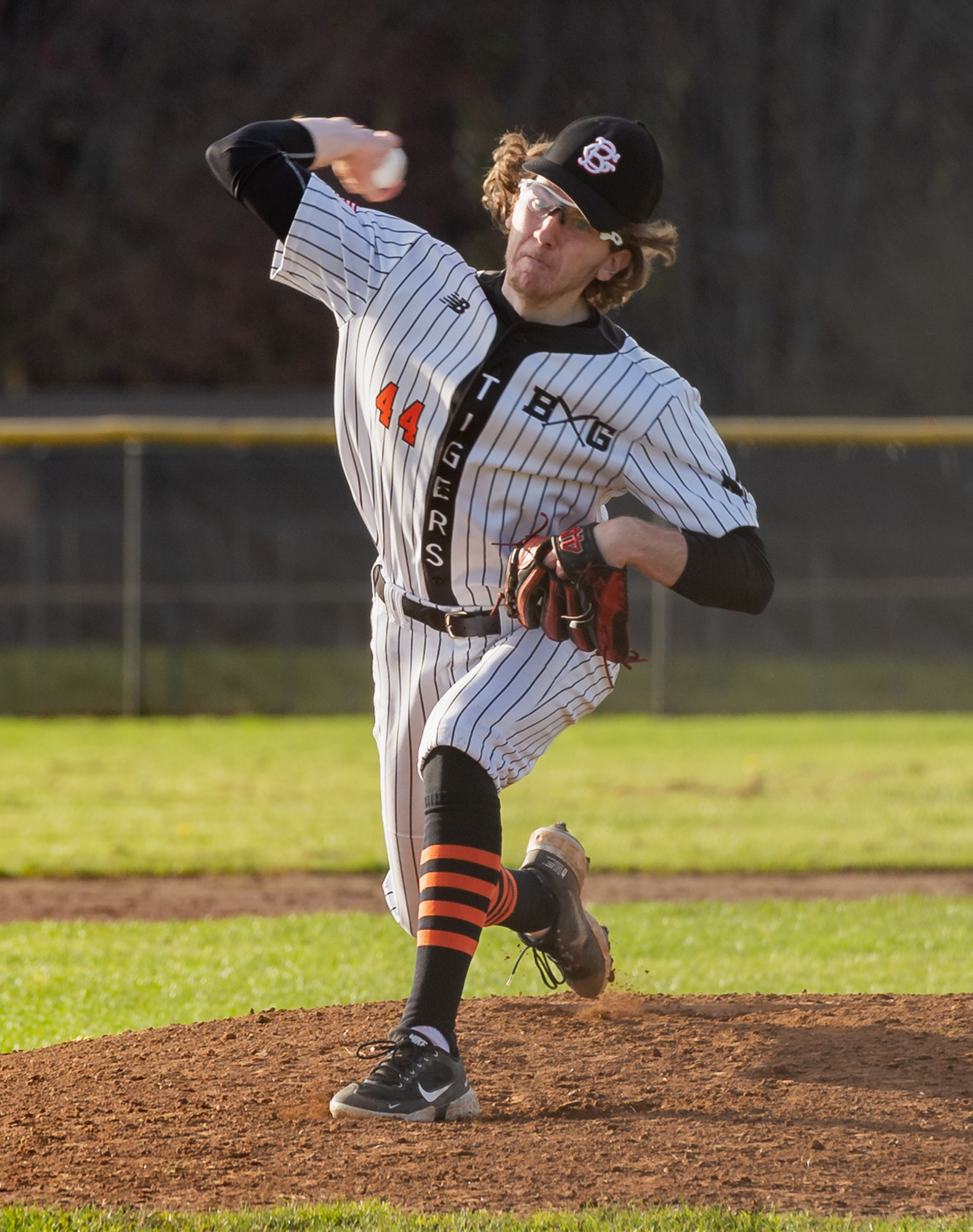 Battle Ground's Zach Hauser pitches in a 4A/3A Greater St. Helens League baseball game on Thursday, March 24, 2022, at Prairie High School. Battle Ground won 2-0.