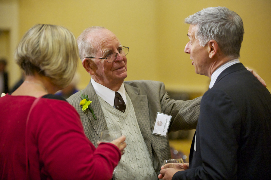 Robert "Bob" Schaefer, speaks with Washington State University Vancouver Chancellor Mel Netzhammer and WSU Vancouver Director of Human Development Suzanne Smith before the 2013 First Citizen  ceremony at the Hilton Vancouver Washington. Schaefer, who led efforts to establish a WSU campus in Vancouver, died this weekend at 91.