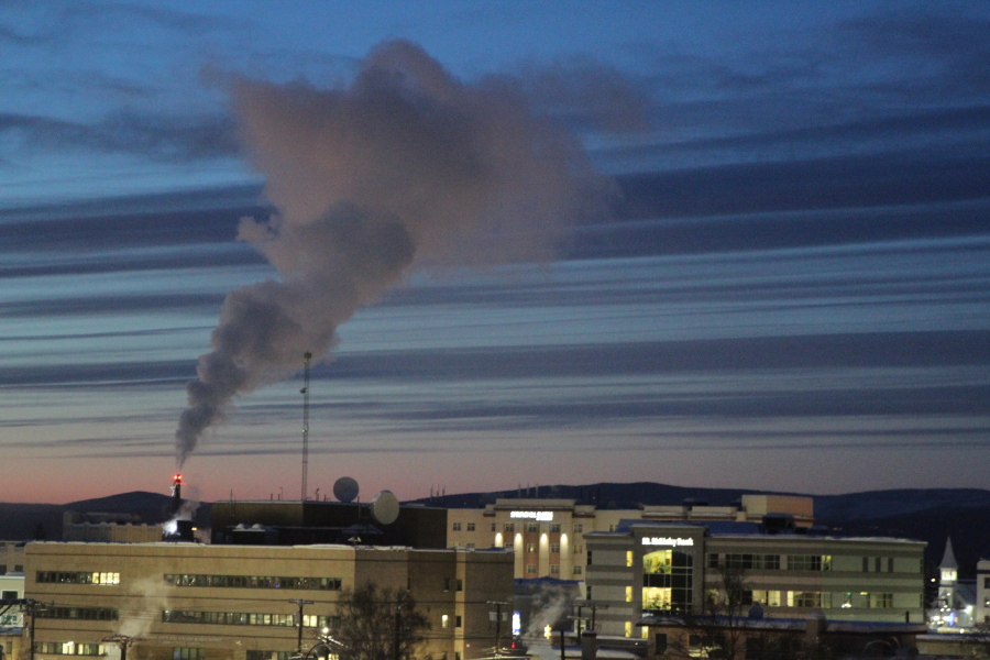 This Feb. 16, 2022, photo shows a plume of smoke being emitted into the air from a power plant in Fairbanks, Alaska, which has some of the worst polluted winter air in the United States. Over seven weeks this winter, nearly 50 scientists from the continental U.S. and Europe descended on Fairbanks to study the sources of air pollution.