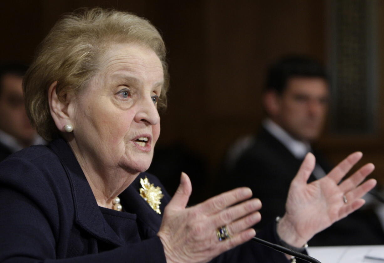 FILE - Former Secretary of State Madeleine Albright testifies on Capitol Hill in Washington, on Oct. 22, 2009 before the Senate Foreign Relations Committee hearing on NATO. Albright has died of cancer, her family said Wednesday, March 23, 2022.  (AP Photo/Haraz N.