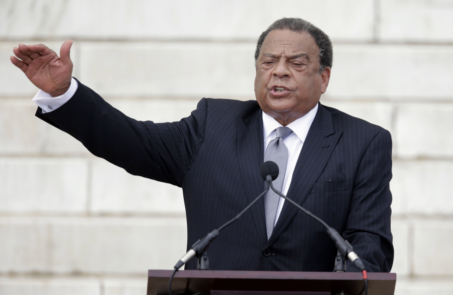 FILE - In this Aug. 28, 2013, file photo, former United Nations Ambassador Andrew Young speaks at the Let Freedom Ring ceremony at the Lincoln Memorial in Washington to commemorate the 50th anniversary of the 1963 March on Washington for Jobs and Freedom. As he approaches 90, civil rights icon Young is turning to his late friend and colleague, the Rev. Martin Luther King Jr., for inspiration.