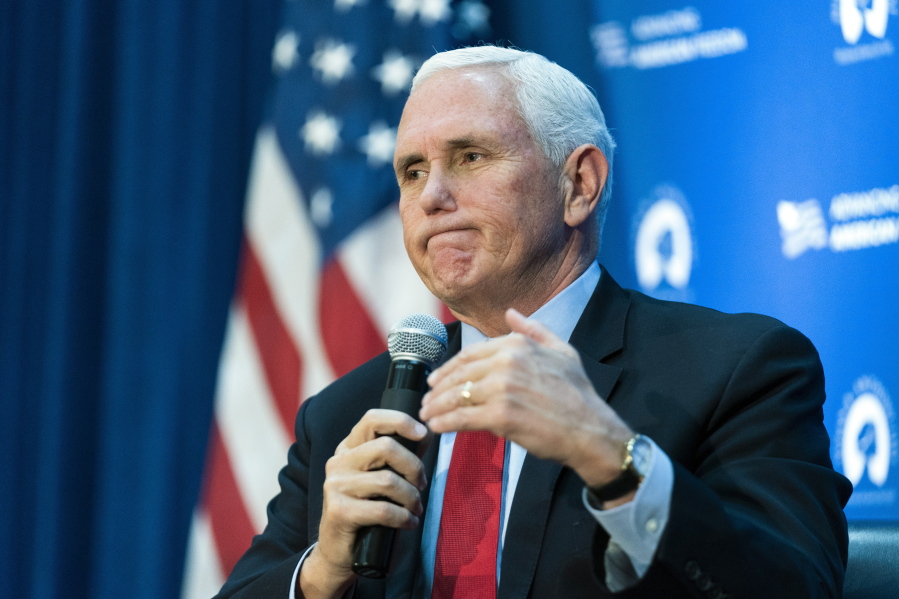 FILE - Former Vice President Mike Pence speaks at the National Press Club in Washington, Nov. 30, 2021. Pence is unveiling a new policy platform for Republicans ahead of this year's midterms elections.