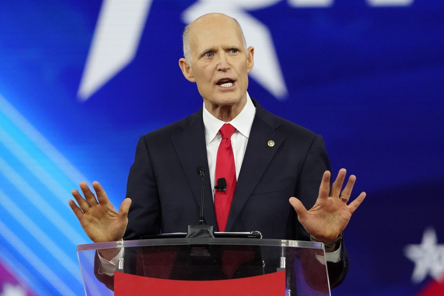 FILE - Sen. Rick Scott, R-Fla., speaks at the Conservative Political Action Conference (CPAC) on Feb. 26, 2022, in Orlando, Fla.