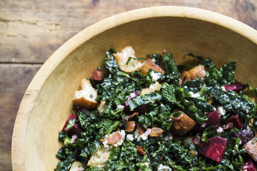 A recipe for Bread Salad with Kale, Beets & Blue Cheese.