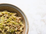 A recipe for Whole-Wheat Fettuccine With Leeks, Cabbage & Gruyere.