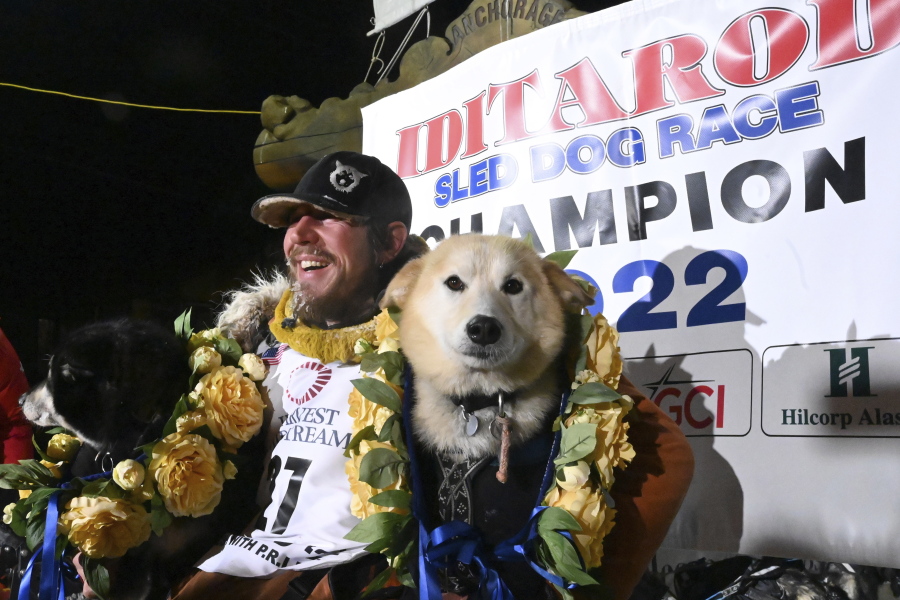 Iditarod winner Brent Sass poses for photos with lead dogs Morello, left, and Slater in the finish chute of the Iditarod Trail Sled Dog Race in Nome, Alaska, Tuesday March 15, 2022.