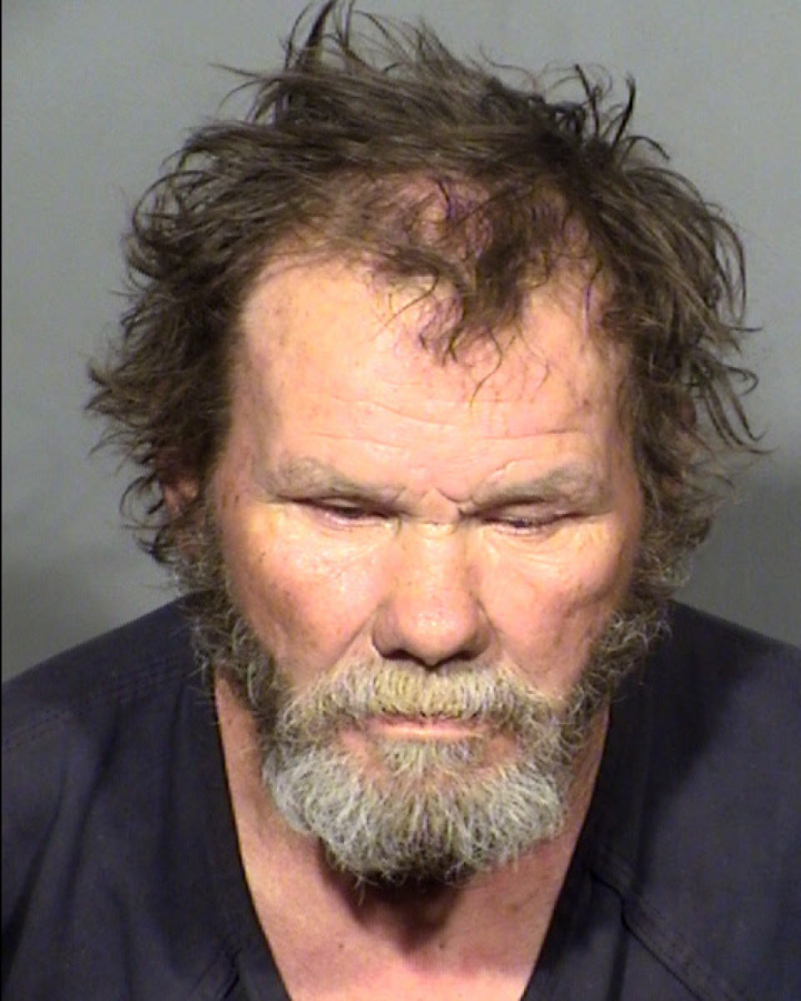 This Clark County Detention Center booking photo shows Freddy Allen, 58, following his arrest late Saturday, March 26, 2022, on an open murder charge in the fatal stabbing of Tyler Steffins, 33, an off-duty police officer and U.S. Marine veteran from Edmonds, Wash. A judge in Las Vegas wants Allen brought to court next Monday "by any means necessary" to face a murder charge in the fatal stabbing of the off-duty Seattle-area police officer. Court officials said Wednesday, March 30, that Allen refused to be brought to court from the Clark County jail.