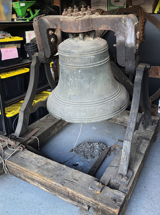 In this handout photograph provided by Amy Miller, a bronze bell forged in 1834 by Paul Revere's son, Joseph Warren Revere, is readied for shipping in Chino Hills, Calif., on Feb. 8, 2022, for transport to the Paul Revere Heritage Site in Canton, Massachusetts. Amy Miller, the daughter of the California couple who acquired the bell in 1984, says she and her brother donated it to the museum so the public could view and appreciate it.