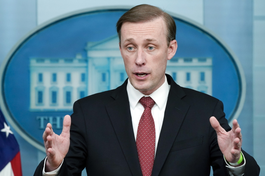White House national security adviser Jake Sullivan speaks during a press briefing at the White House, Feb. 11, 2022, in Washington. President Biden is sending his national security adviser for talks with a senior Chinese official in Rome on Monday, March 14, 2022. The meeting comes as concerns grow that China is amplifying Russian disinformation in the Ukraine war. Last week the White House accused Beijing of spreading false Russian claims that Ukraine was running chemical and biological weapons labs with U.S. support.
