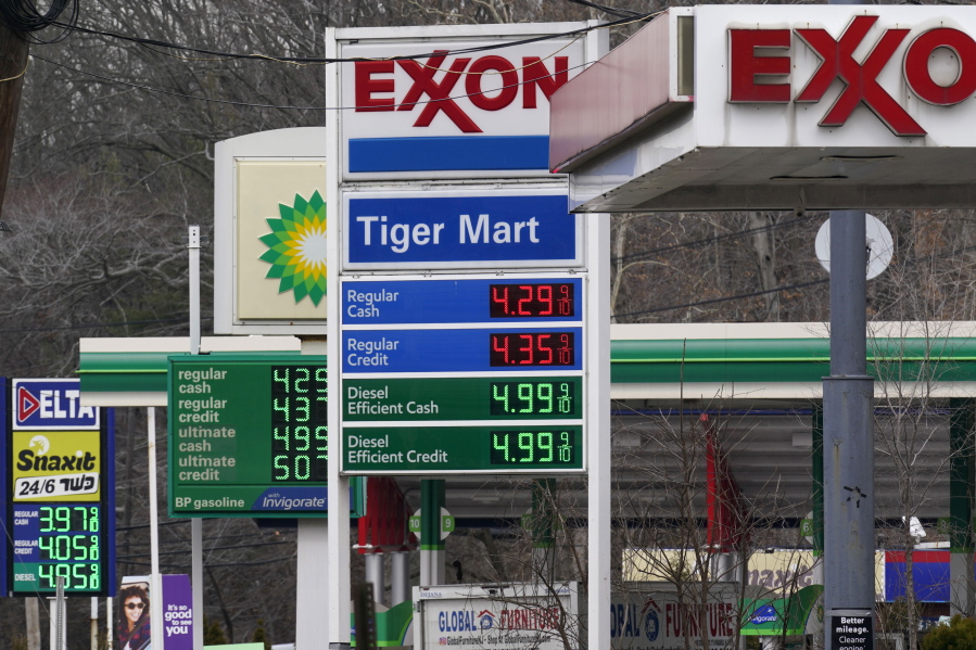 Gas prices are displayed at gas stations in Englewood, N.J., Monday, March 7, 2022. Gasoline prices are pushing even farther above $4 a gallon, the highest price that American motorists have faced since July 2008, as calls grow to ban imports of Russian oil.