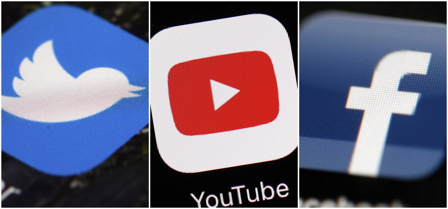 FILE - This combination of images shows logos for companies from left, Twitter, YouTube and Facebook. Russia's invasion of Ukraine is forcing big tech companies to decide how to handle state-controlled media outlets that spread propaganda and misinformation on behalf of the invaders.