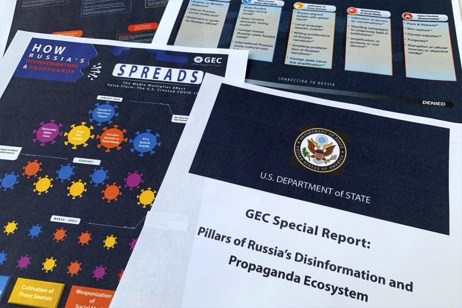 Pages from the U.S. State Department's Global Engagement Center report released on Aug. 5, 2020, are seen in this photo. Long before waging war on Ukraine, President Vladimir Putin was working to make Russia's internet a powerful tool of surveillance and social control akin to China's so-called Great Firewall.
