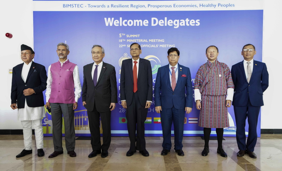 Foreign Ministers of the Bay of Bengal Initiative for Multi-Sectoral Technical and Economic Cooperation (BIMSTEC) countries, from left to right, Nepal's Narayan Khadka, India's Subrahmanyam Jaishankar, Don Pramudwinai of Thailand, Gamini Lakshman Peiris of Sri Lanka, A.K. Abdul Momen of Bangladesh, Tandi Dorji of Bhutan and Myanmar's Wunna Maung Lwin pose for a photograph during their meeting in Colombo, Sri Lanka, Tuesday, March 29, 2022.