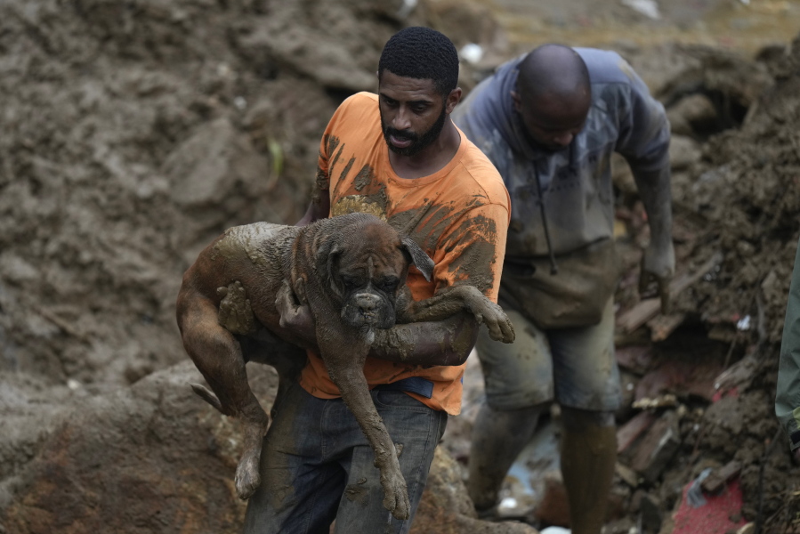 FILE - A man carries a dog rescued from a residential area destroyed by landslides in Petropolis, Brazil, Feb. 16, 2022. Scientists have long been warning that extreme weather would cause calamity in the future. But in Latin America -- which in just the last month has had deadly landslides in Brazil, wildfires in the Argentine wetlands and flooding in the Amazon so severe that it ruined harvests -- that future is here already.