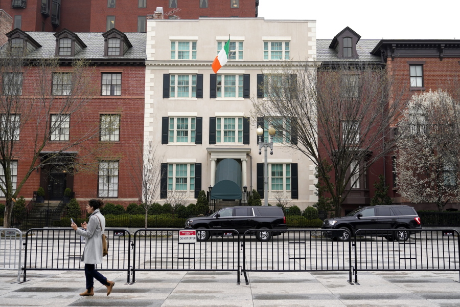 The national flag of Ireland flies from Blair House, the official government guest house, across the street from the White House in Washington, Thursday, March 17, 2022. Irish Prime Minister Miche?l Martin learned he had positive for COVID-19 while attending an event Wednesday evening with U.S. leaders, including President Joe Biden and House Speaker Nancy Pelosi of Calif., according to a senior administration official.