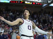 Gonzaga's Julian Strawther (0) celebrates during the second half of an NCAA college basketball championship game against Saint Mary's at the West Coast Conference tournament Tuesday, March 8, 2022, in Las Vegas.