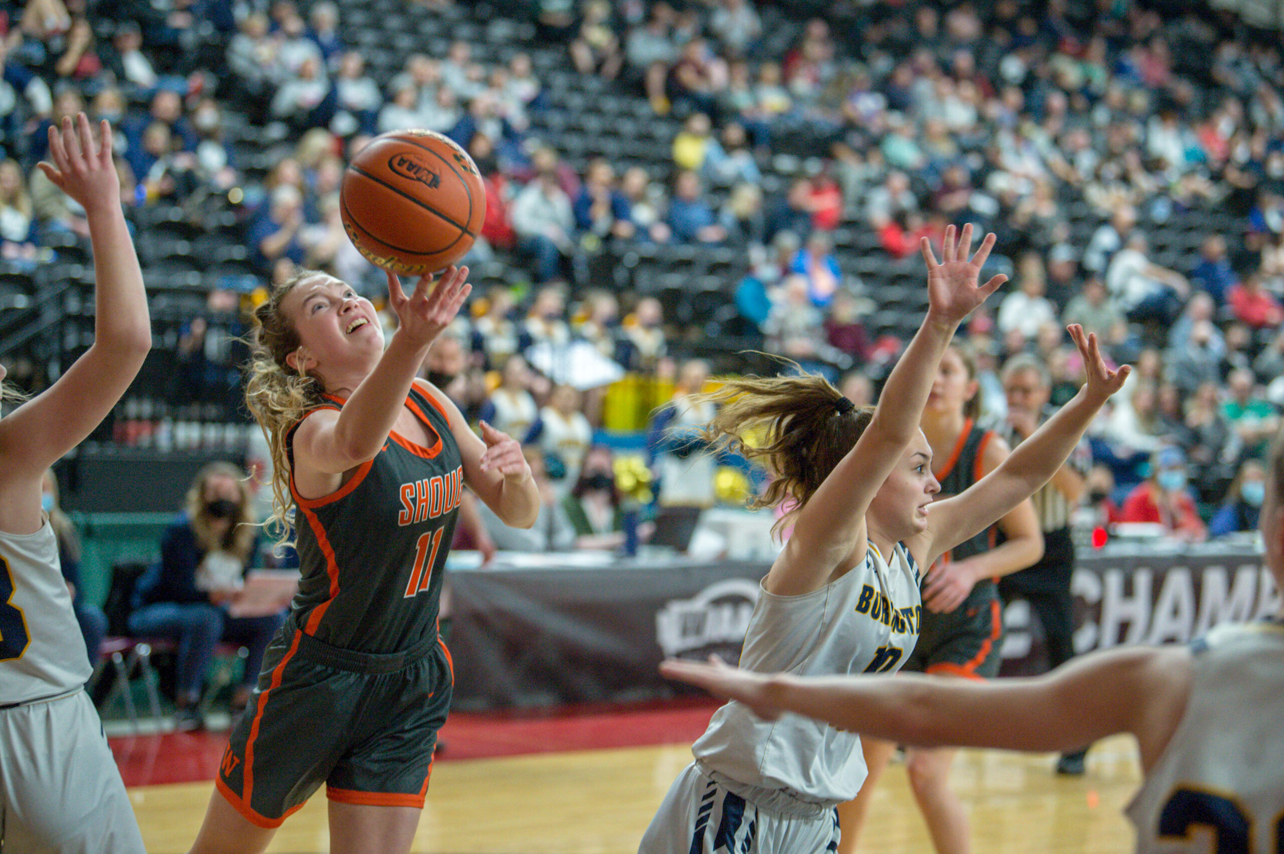 Washougal’s Samantha Mederos drives to the hoop in a Class 2A girls basketball state quarterfinal game against Burlington-Edison on Thursday, March 3, 2022 in Yakima.