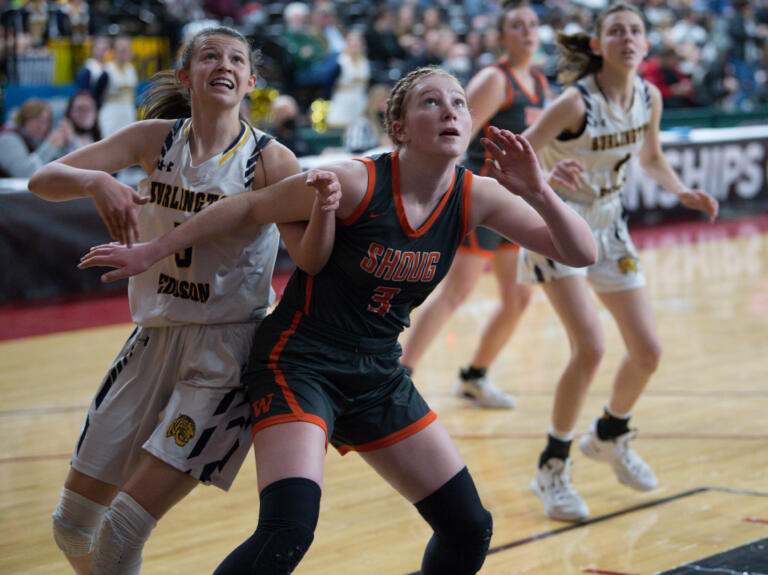 Washougal’s Savea Mansfield battles for a rebound in a Class 2A girls basketball state quarterfinal game against Burlington-Edison on Thursday, March 3, 2022 in Yakima.
