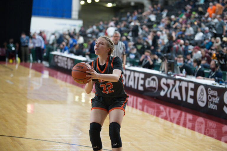 Washougal’s Ireland Albaugh looks to shoot in a Class 2A girls basketball state quarterfinal game against Burlington-Edison on Thursday, March 3, 2022 in Yakima.