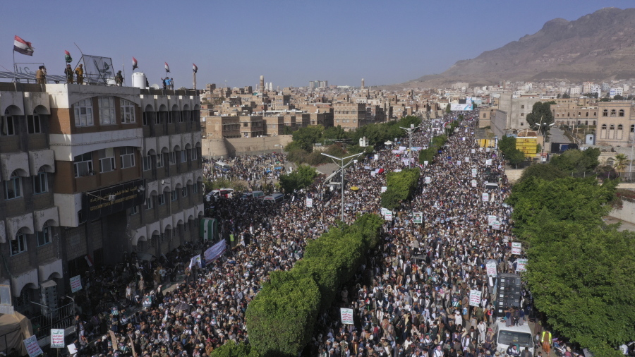 Houthi supporters attend a rally during the seventh anniversary of the Saudi-led coalition's intervention in Yemen's war in Sanaa, Yemen, Saturday, 26 March, 2022.