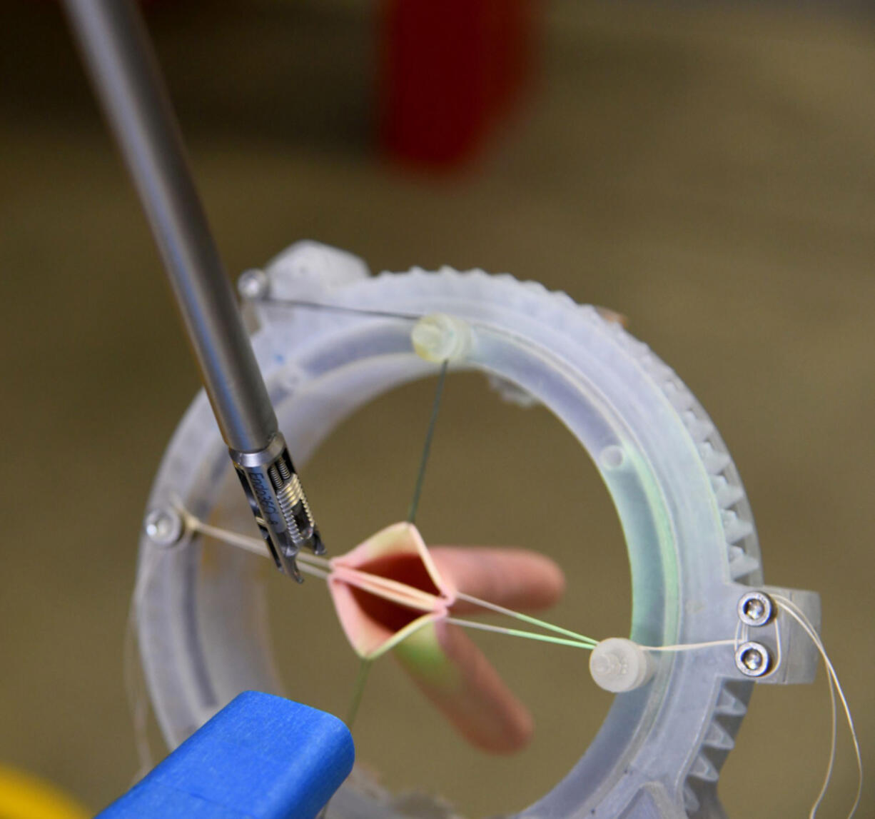A team of mechanical engineers from Johns Hopkins University are developing a SMART robot (Smart Tissue Autonomous Robot) that can perform soft tissue surgeries. This is a detail of the robot's suturing arm working on simulated blood vessels.