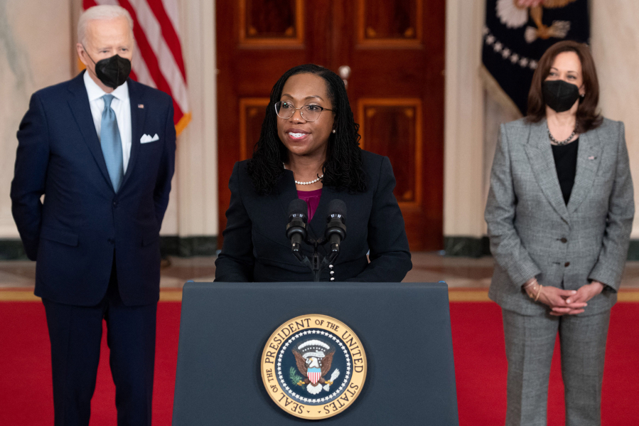 Judge Ketanji Brown Jackson, with President Joe Biden and Vice President Kamala Harris, speaks after being nominated for the US Supreme Court at the White House in Washington, DC, on February 25, 2022.