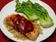 Sweet and Sour Salmon with Bok Choy and Brown Rice.