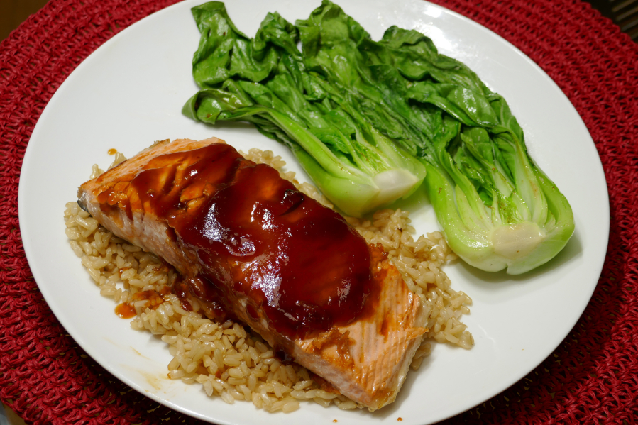 Sweet and Sour Salmon with Bok Choy and Brown Rice.