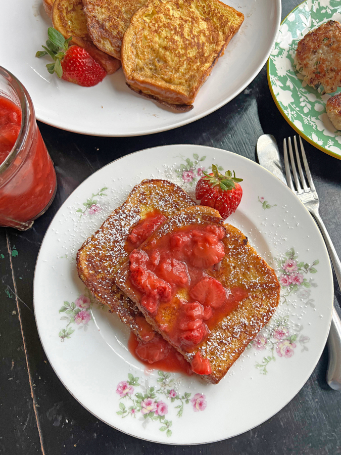 French toast stuffed with sweet cheese and topped with a jammy strawberry sauce is perfect for a special occasion like Easter brunch.