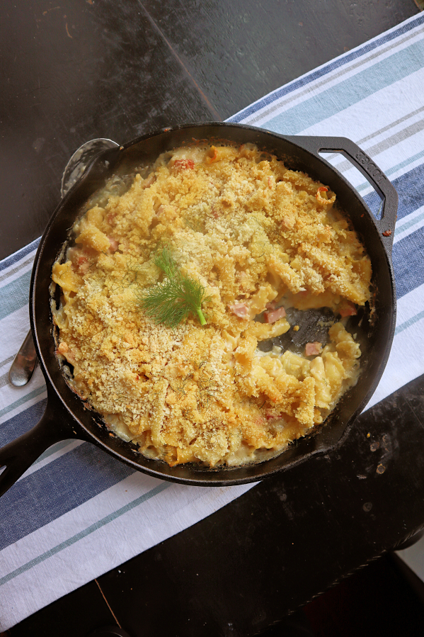 Mac and cheese gets an elegant upgrade with braised fennel, Swiss and chunks of ham.