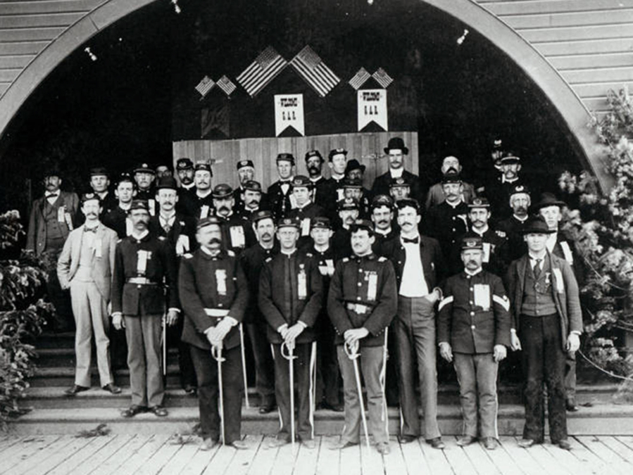 Unidentified members of the local Ellsworth Grand Army of the Republic Post meet at an unknown location. This is perhaps from an early meeting of the post, given the age of the men in the photo. The national organization had units in most states, and Washington had more than 100. The Vancouver post was organized with about 30 veterans in 1881.