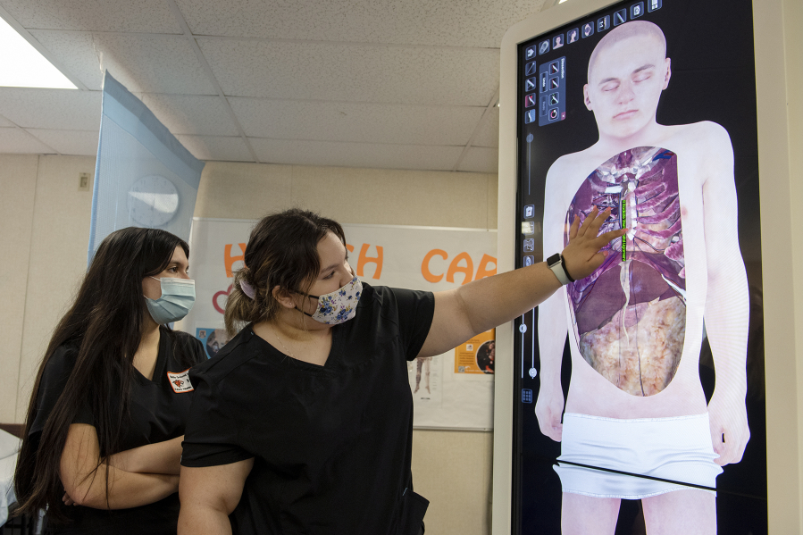 Battle Ground High School sophomore Bianca Mendez, 16, left, looks on as Gigi Slaton-Benson, 15, also a sophomore, demonstrates how to perform a virtual dissection using an Anatomage Table on Wednesday morning. The 3D technology allows the students to learn more about the body and its various elements by using a touch screen.