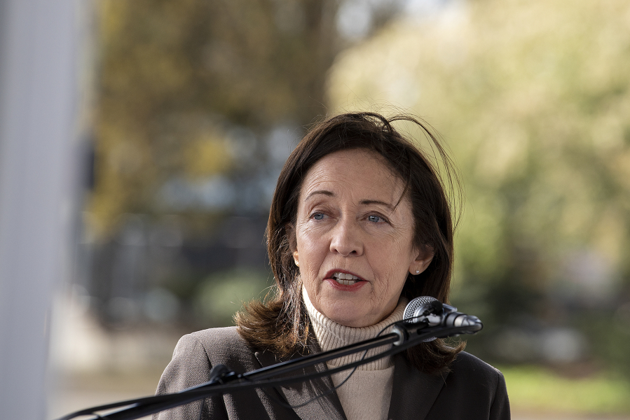 U.S. Sen. Maria Cantwell gives a press conference where she announced that the Interstate Bridge qualifies for a competitive mega-project grant. However, stakeholders and the community must agree on a plan before receiving federal aid.