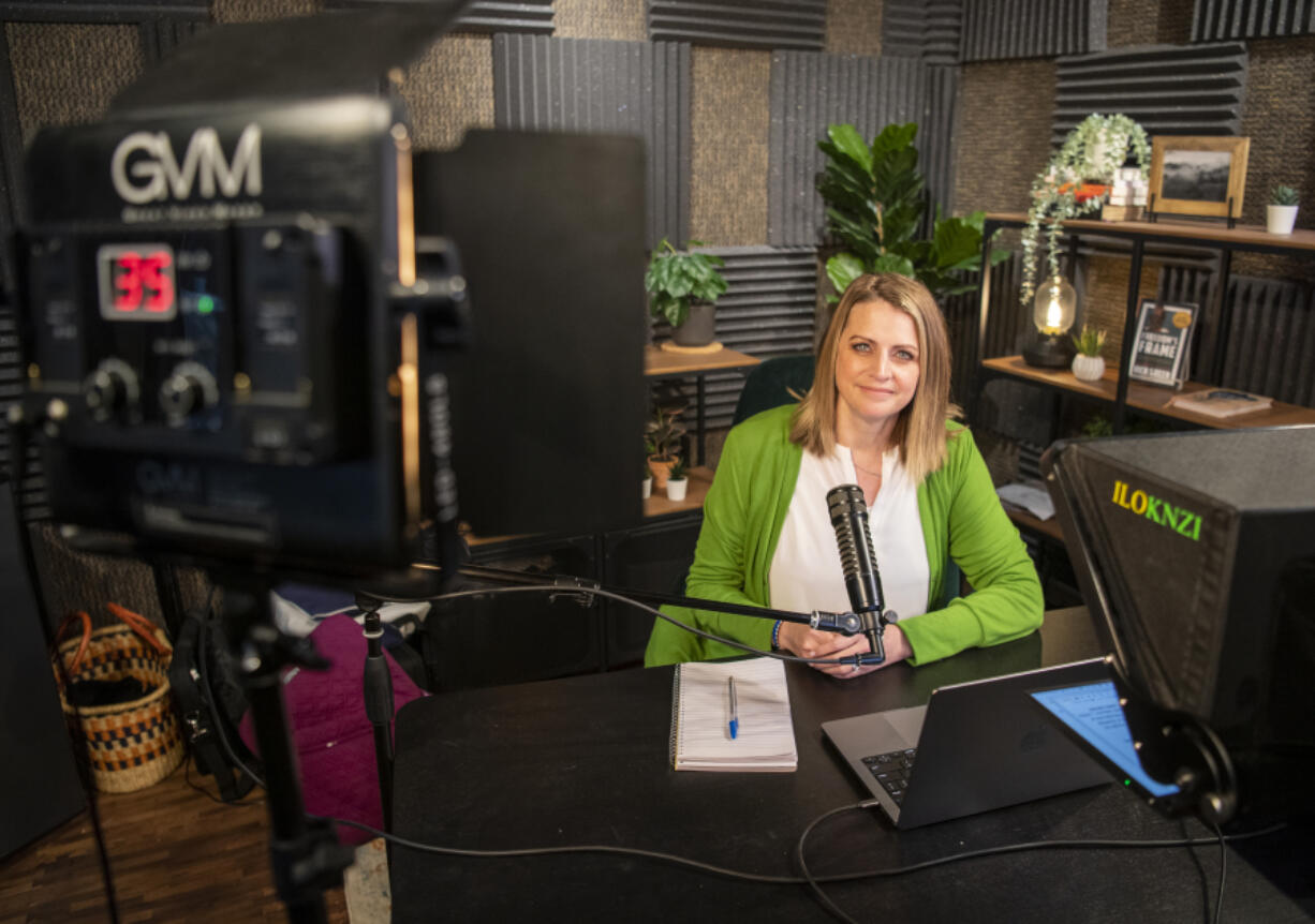 Third Congressional District Republican candidate Heidi St. John, Christian author and speaker, sits in her podcast studio where she records conversations spanning from tips on home-schooling to criticisms about sex education.
