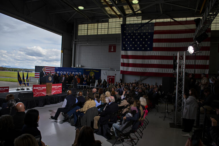 President Joe Biden will present remarks about the Build Back Better infrastructure package and how it will be applied locally while speaking to the crowd at a Portland Air National Guard  hangar Thursday afternoon, April 21, 2022.